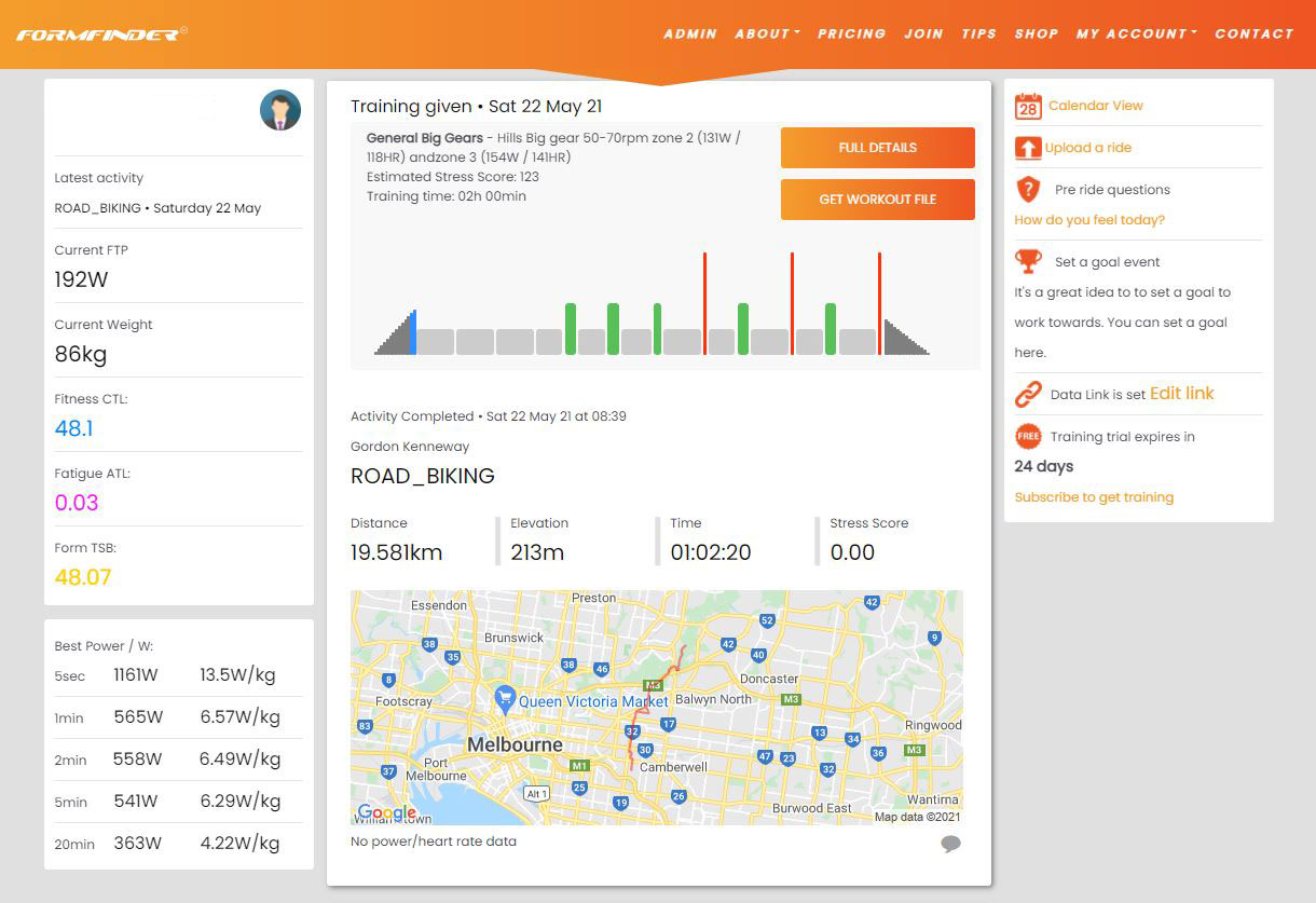 Formfinder training plan screenshot